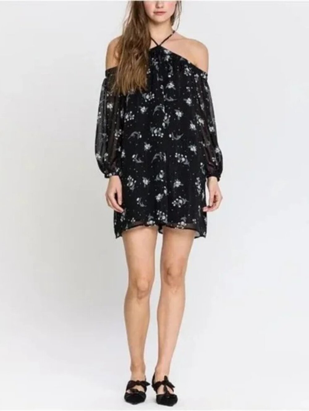 NWT English Factory Womens Size Medium Black Flowers and Stars Mini Dress NEW